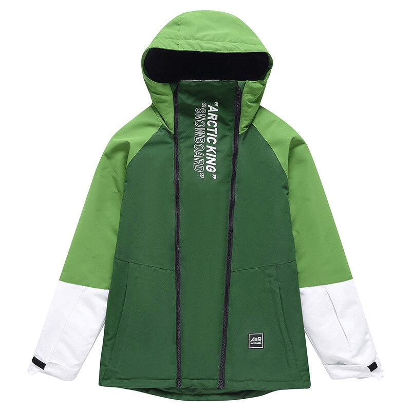Green waterproof snowboarding jacket with hood and double zipper, perfect for skiing. Style SF0943, unisex design.